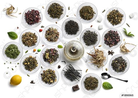 large assortment  tea   white background  view stock photo