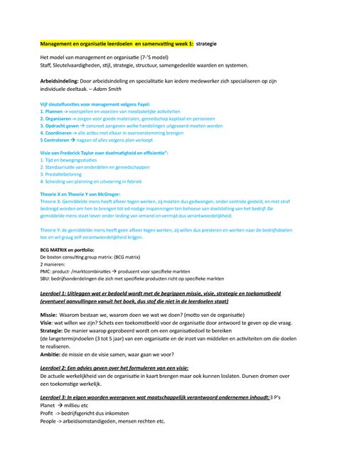 Samenvatting Management En Organisatie College Aantekeningen Colleges