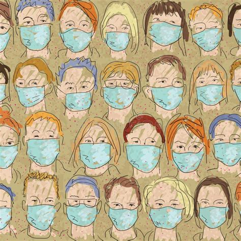 Vector Drawing With Many Faces With Masks To Protect The Virus Stock