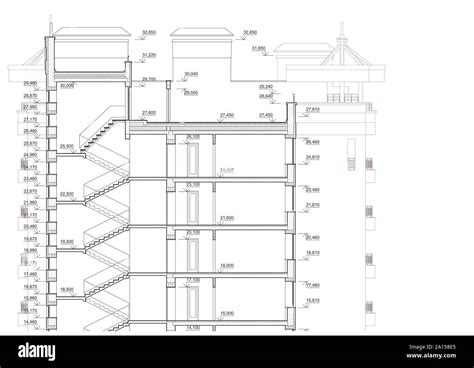 Multistory building section, detailed architectural technical drawing ...