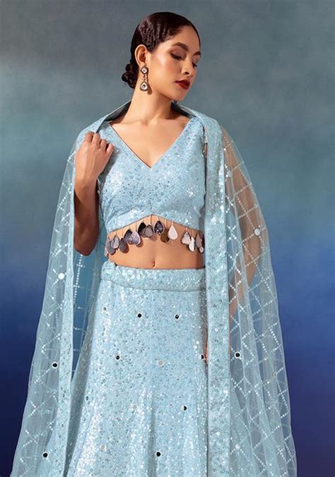 Buy Women Powder Blue Sequin And Mirror Embroidered Lehenga Set With