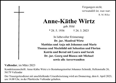 Traueranzeigen Von Anne K The Wirtz Rz Trauer De