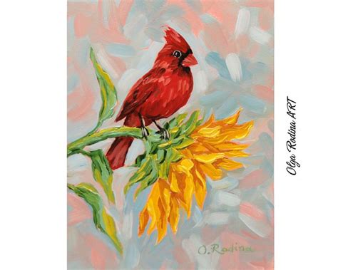 Northern Cardinal And Sunflower Painting Cardinal Bird Oil Painting