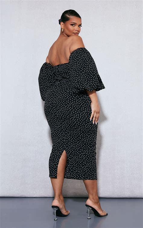 Plus Black Polka Dot Bandeau Midi Dress Plus Size Prettylittlething Usa