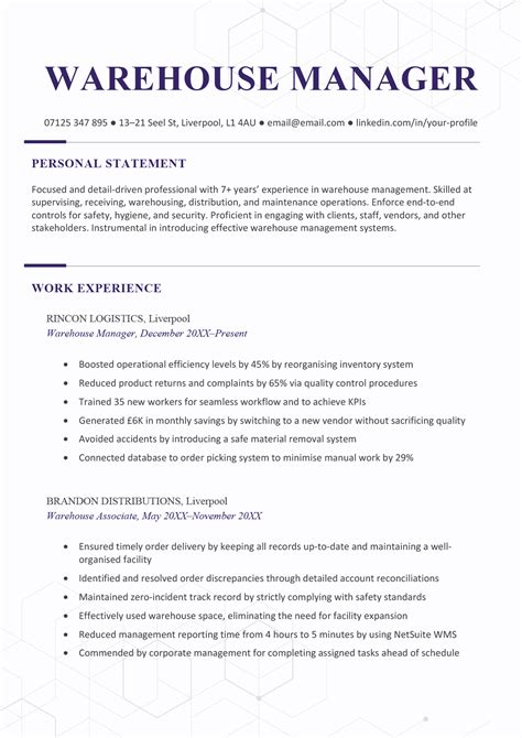 Warehouse Manager Cv Example Template And Writing Guide