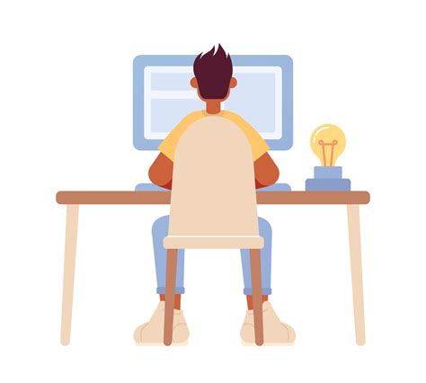 Guy sitting at table with computer semi flat color vector character ...