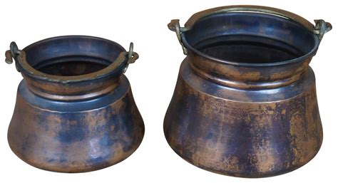 2 Vintage Turkish Hammered Copper Brass Handle Kettles Cauldrons Pots