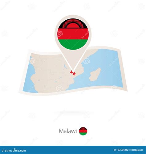 Folded Paper Map Of Malawi With Flag Pin Of Malawi Stock Vector