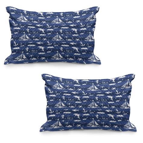 Navy Blue Quilted Pillowcover Set Of Sailboat Vertical Stripe