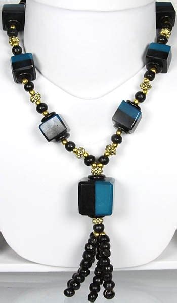 Black And Teal Beaded Necklace Exotic India Art