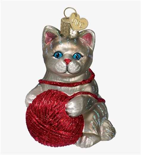 Grey Kitten Ornament With Ball Of Yarn Old World Christmas Playful Kitten Glass Blown Ornament