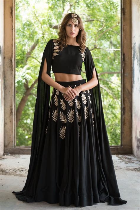 Black Cape Crop Top With Lehenga Set Lehenga Crop Top Black Lehenga