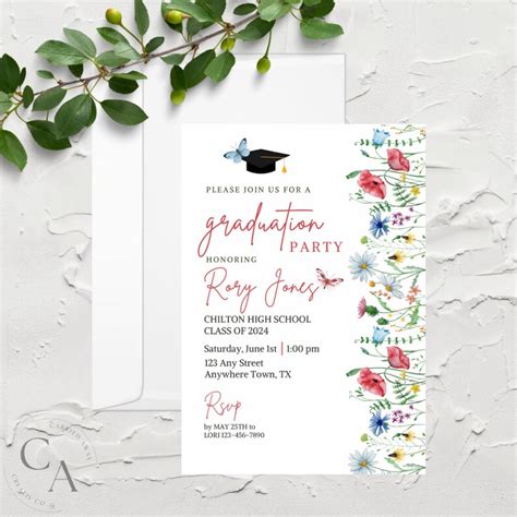 Floral Graduation Party Invitation Wildflower Butterfly Graduation Invitation Grad Party