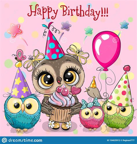 Illustration About Birthday Card With Cute Owls With Balloon And