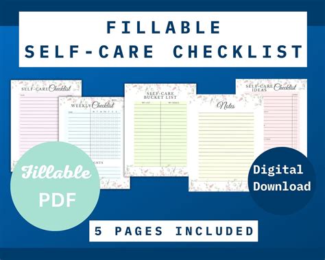 Fillable Self Care Checklist Printable Digital PDF Weekly Self Care