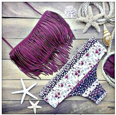 Cowgirl Gypsy Bikini Purple Fringe Padded Top And Floral Bottoms 2 Piece Bikini Plum Purple