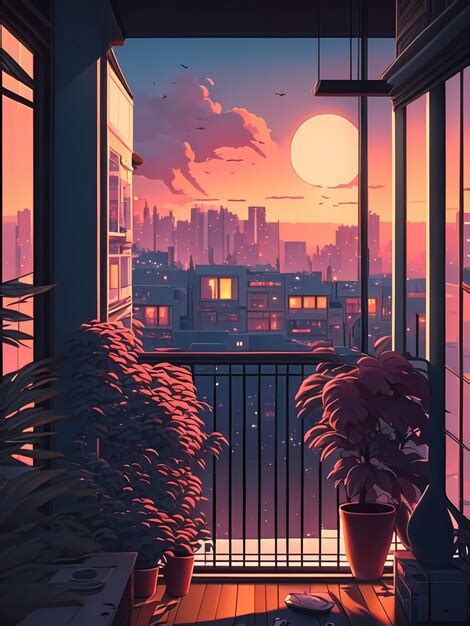 Premium Ai Image Anime Lofi Balcony Illustration