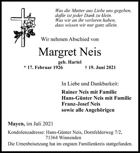 Traueranzeigen Von Margret Neis Rz Trauer De