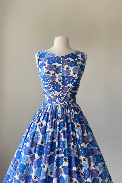 1950s Blue Floral Cotton Dress Small Mill Street Vintage