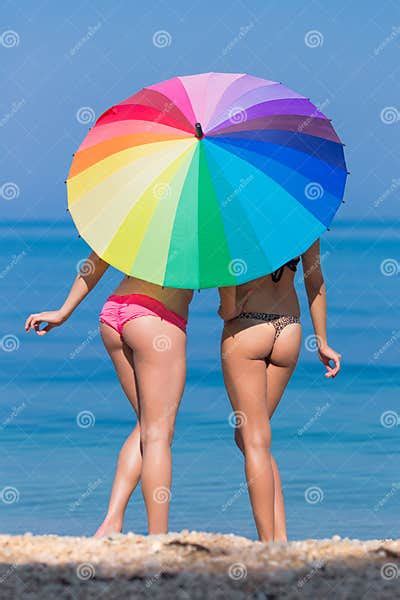 Girls Under The Rainbow Umbrella Stock Image Image Of Parasol