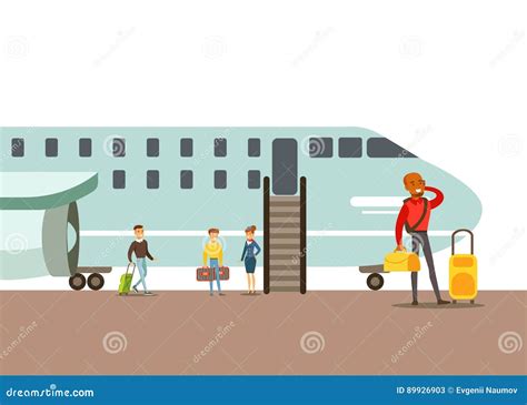 Passengers Boarding A Plane Part Of People Taking Different Transport Types Series Of Cartoon