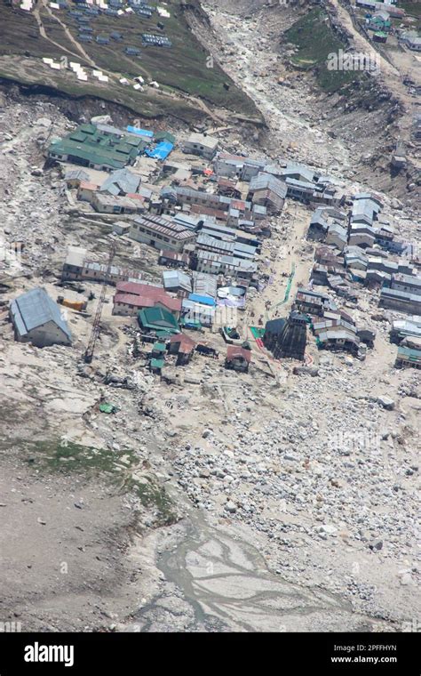 Kedarnath temple aerial view after Kedarnath Disaster 2013. Kedarnath was devastated on June ...