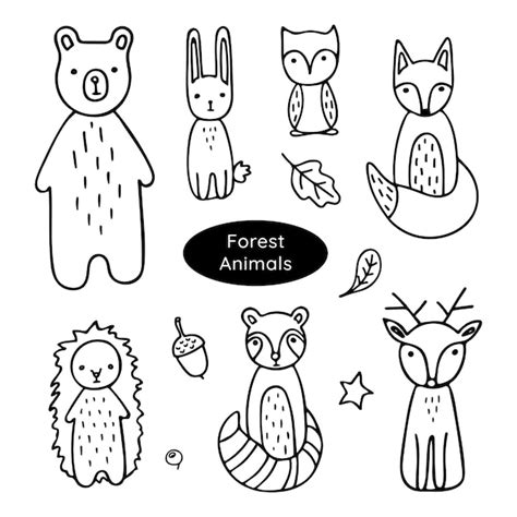 Premium Vector Doodle Woodland Animals Set On White Background