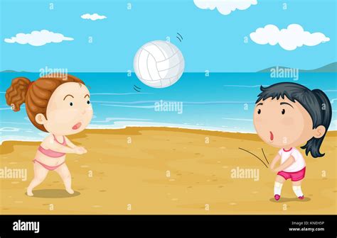 Illustration Of Two Girls Playing Volleyball In The Seashore Stock