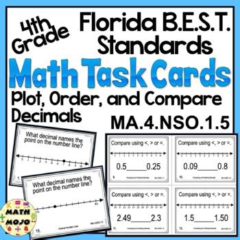 4th Grade Math Task Cards Florida BEST Standards Comparing Decimals MA