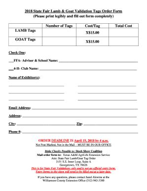 Fillable Online State Fair Lamb Goat Validation Tags Order Form