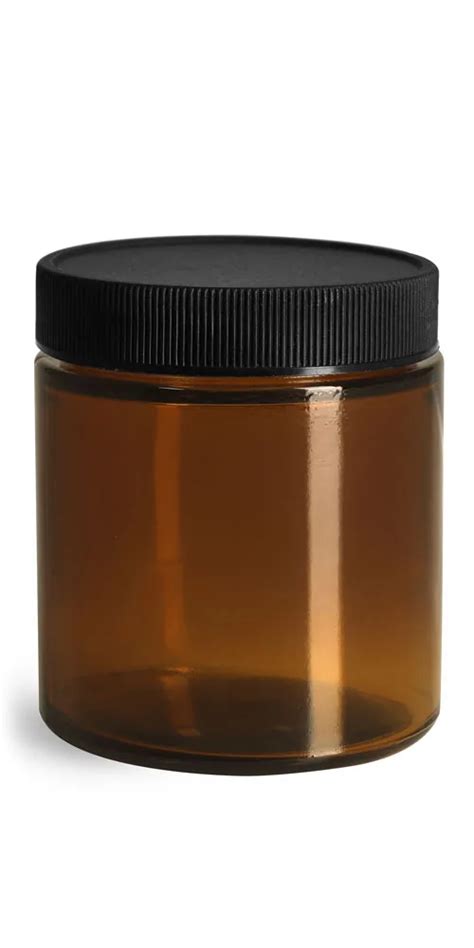 8 Oz Glass Jars Amber Glass Straight Sided Jars W Black Ribbed Pe Caps