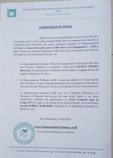 Rdc Le Regroupement Politique Aab Dit Navoir D Legu Personne Aux