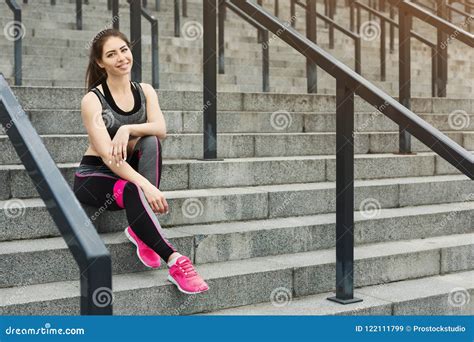 Happy Slim Woman Having Rest On Stairs Stock Image Image Of Caucasian