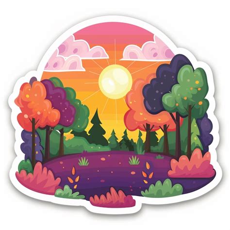 Una Ilustraci N De Dibujos Animados De Una Puesta De Sol En Un Bosque