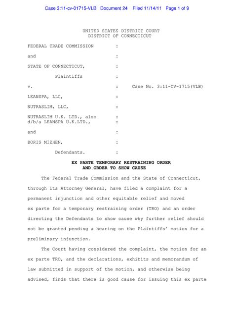 Fillable Online Ftc Ex Parte Temporary Restraining Order And Order To Show Cause Ex Parte