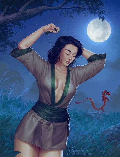 A Painting Of A Woman Holding Her Hair In Front Of A Full Moon And Dragon