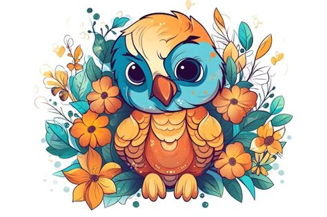 Premium Photo Blue And Orange Owl Sitting On Top Of Bouquet Of Flowers And Leaves Generative Ai