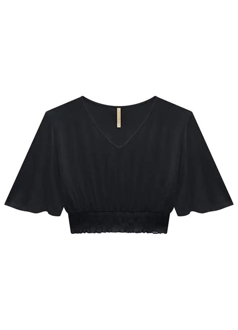 Blusa Cropped Ampla Manga Flare Preto Lunender Feminino