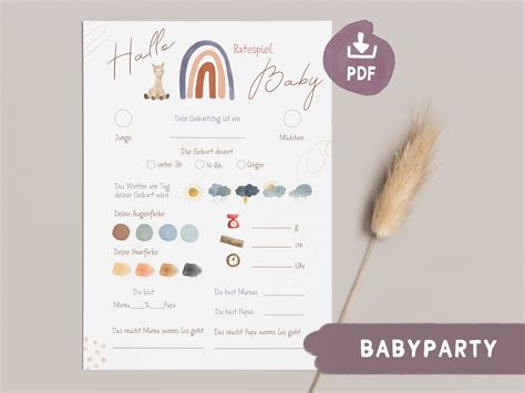 Babyparty Spiel Karte Babyshower Tippkarte Regenbogen Lama Ratekarte