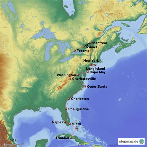 StepMap USA Ostküste Landkarte für Nordamerika