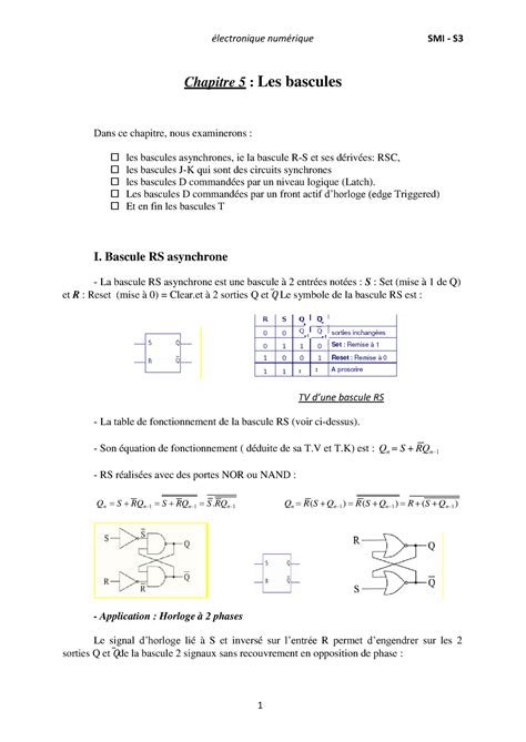 électronique numérique S3 SMI chapitre 5 Chapitre 5 Les bascules