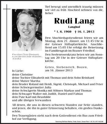 Traueranzeigen Von Rudi Lang Trauer Bz