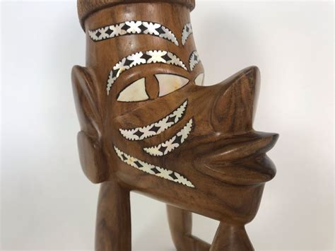 Wooden Carved Figure Head Sculpture With Mother Of Pearl Inlay Tribal