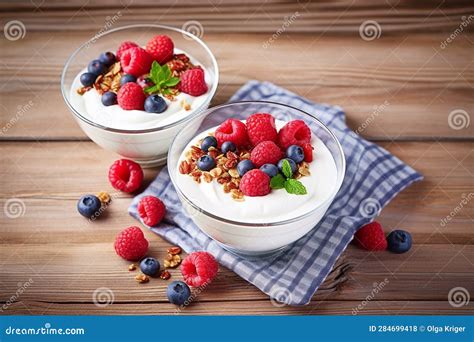 White Plain Greek Yogurt With Fresh Berries And Granola Stock