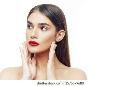 Beautiful Woman Naked Shoulders Red Lips Stock Photo