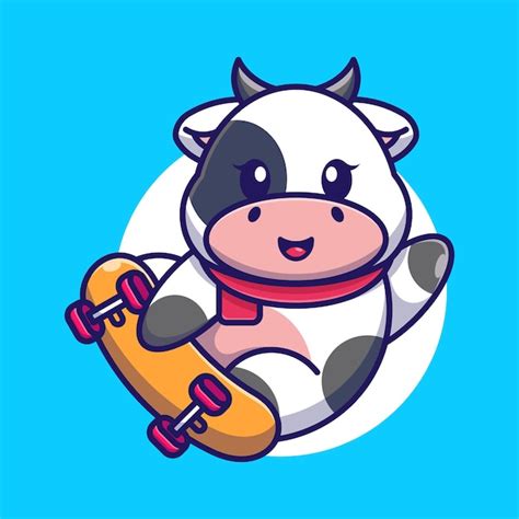 Premium Vector Cute Cow Play Skateboard Cartoon