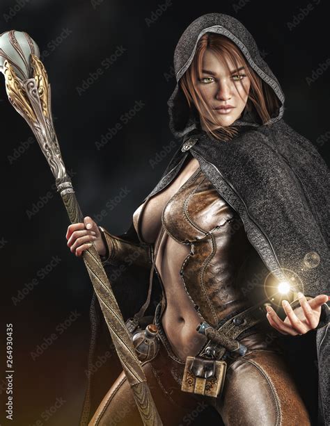 Fantasy cloaked wizard female posing with staff using magic. 3d ...