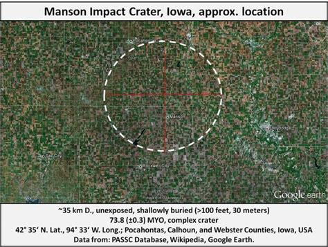 An Aerial Map Shows The Location Of Mason Impact Crater Iowa And Lora