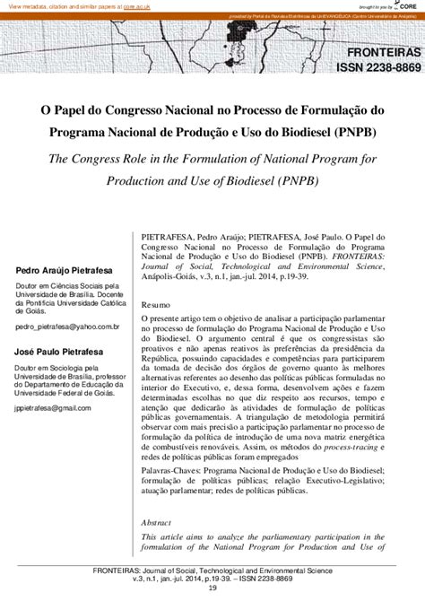 Pdf O Papel Do Congresso Nacional No Processo De Formulação Do