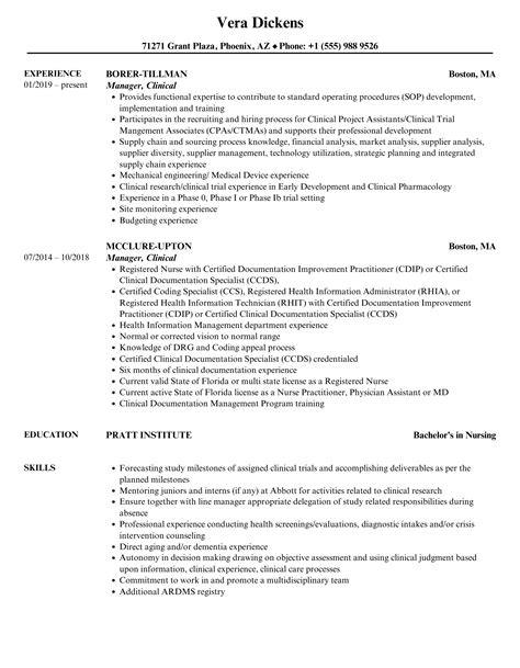 Manager Clinical Resume Samples Velvet Jobs